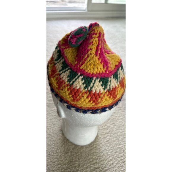 Vtg 1970\'s Wool Beanie Handmade Hat Hand Woven Multi Colored With Green & Pink main image 4